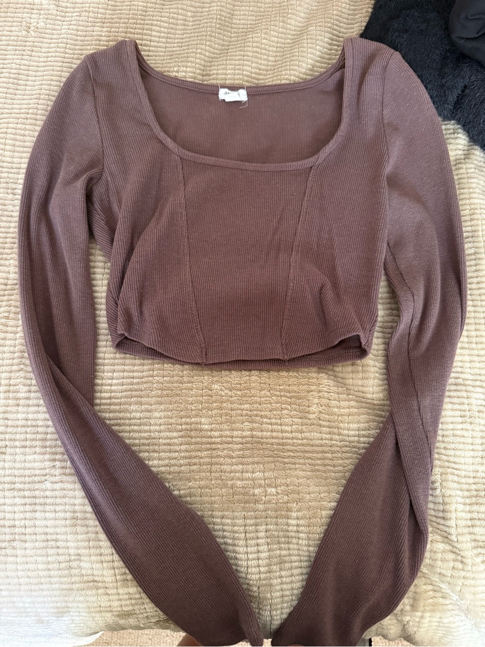 Garage Brown Ribbed Scoop-Neck Long Sleeve Crop Top